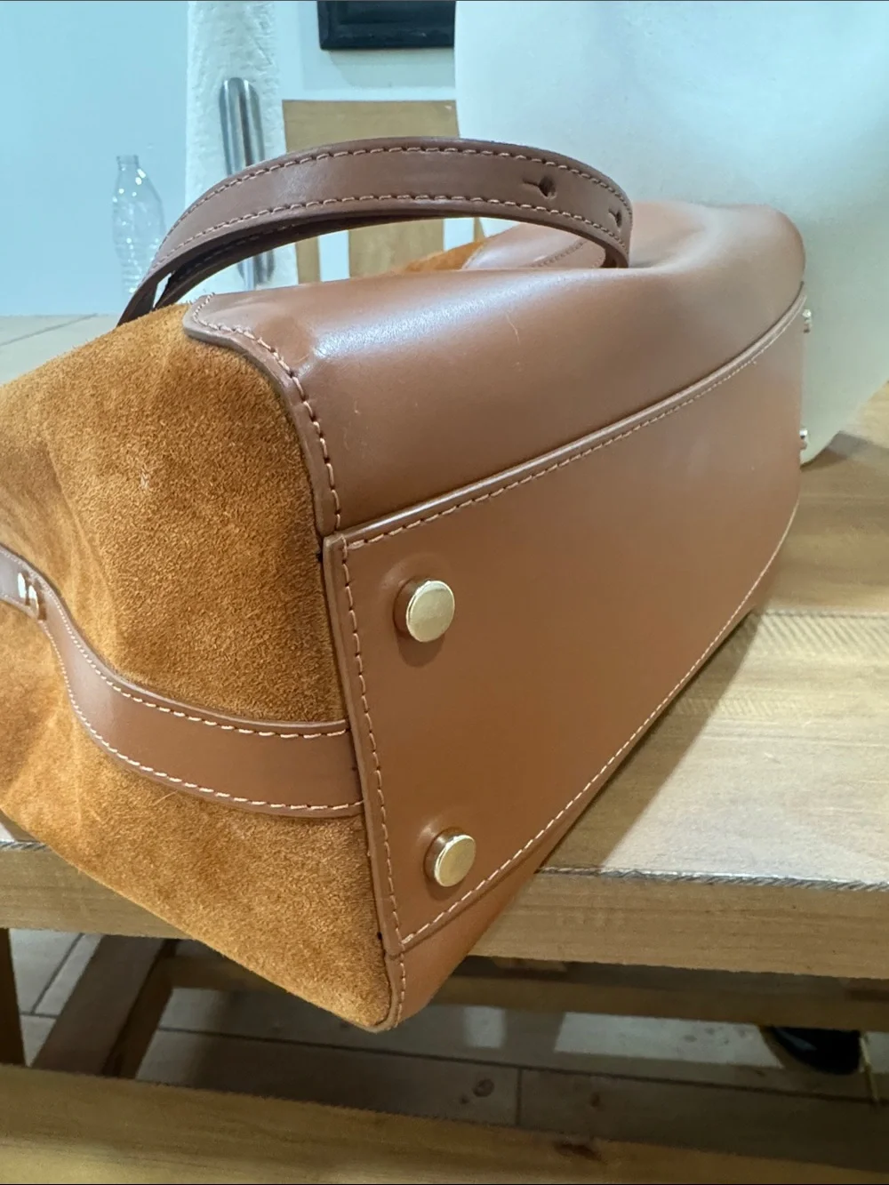 Claudia Firenze Brown Leather & Suede Top-wood Handle Satchel